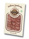 Traditional food smoked sausage Bamberska Vacuum slightly dried - patches
