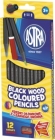 Astra Crayons de couleur en bois noir 12 couleurs avec affûteur