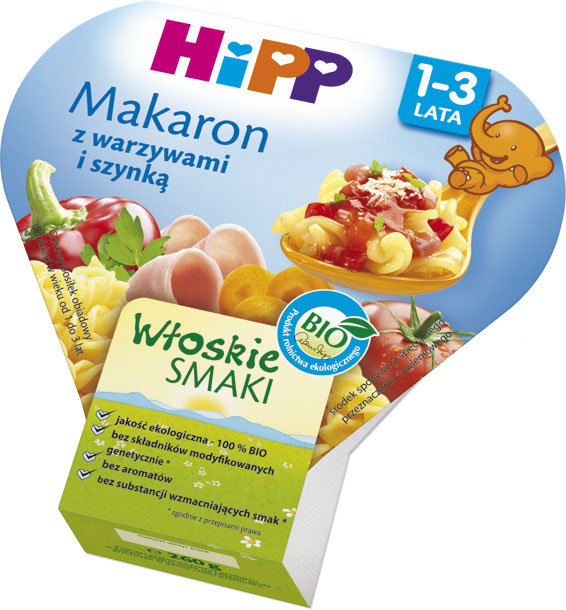 HiPP Włoskie Smaki obiadek dla dzieci w wieku od 1 do 3 lat, 260g Makaron z warzywami i szynką