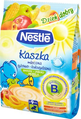 Nestle kaszka mleczna ryżowo-kukurydziana banan-jabłko-morela, Bifidus BL, 11 witamin z mlekiem modyfikowanym