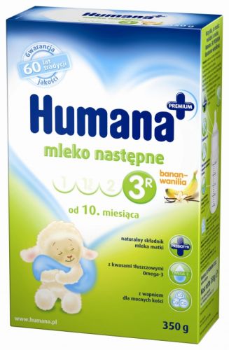 Humana 3 R Premium bananowo-waniliowa Mleko następne z kleikiem ryżowym ze smacznymi bananami, wzbogacone o prebiotyk, dla niemowląt