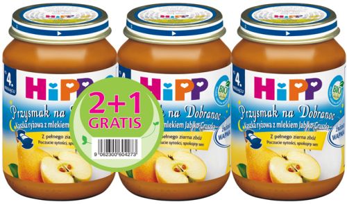 HiPP BIO Przysmak na dobranoc kaszka ryżowa z mlekiem TRÓJPAK 2+1 GRATIS jabłko-gruszka