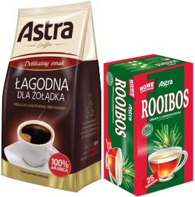 Astra  Łagodna kawa mielona 100% Arabica+  herbata Rooibos 25 torebek Delikatny smak
