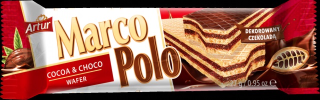 marco polo wafer layered with cocoa cream decorated with chocolate