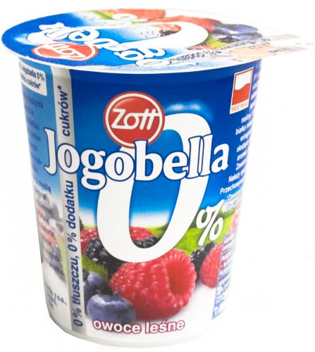 jogobella fruit yogurt 0 % fat , 0 % added sugars forest fruits