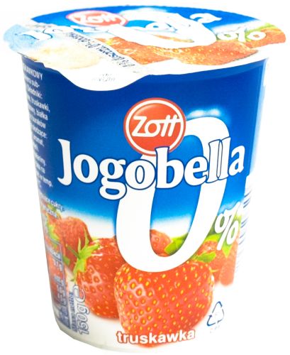 jogobella fruit yogurt 0 % fat , 0 % added sugar strawberry