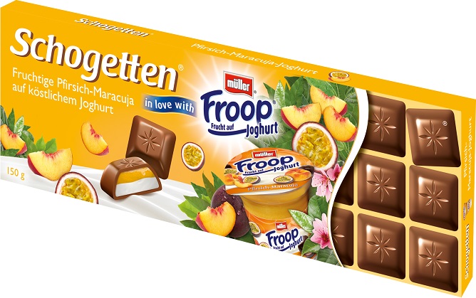 Schogetten Chocolate Alpino pełnomleczna Froop Joghurt con crema de yogur desnatado y melocotón-pasión relleno de fruta