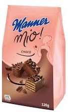 Manner Mio crispy wafers layered with chocolate cream , covered in milk chocolate and cocoa nibsy
