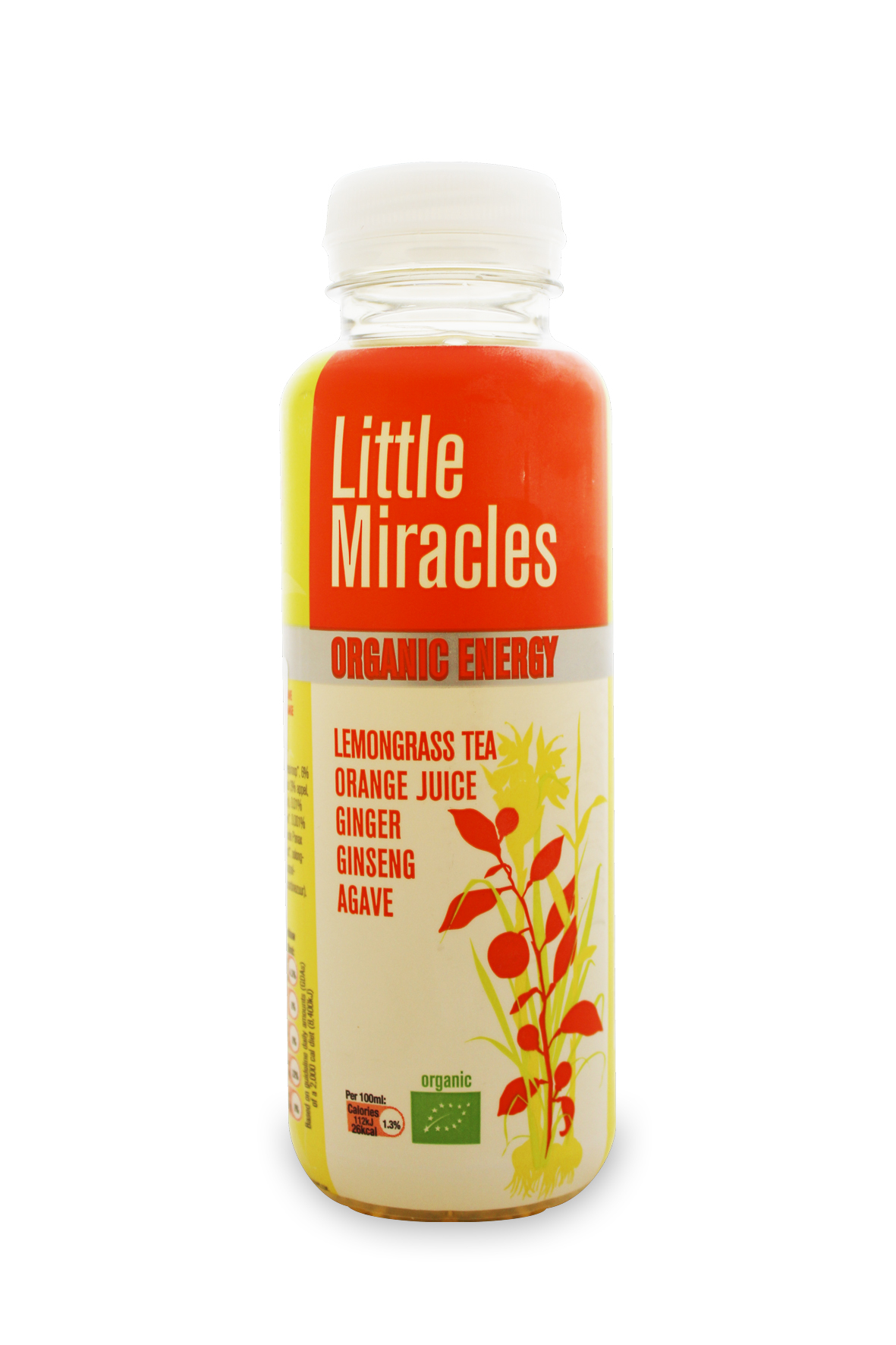 Poco bebida energética Milagros BIO con sabor a hierba de limón, jugo de naranja, jengibre, ginseng