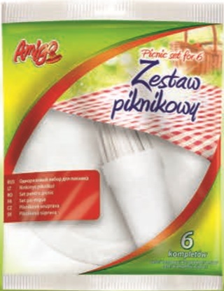 Amigo Zestaw piknikowy, 6 kompletów nóż, widelec, kubek do napojów zimnych, talerzyk plastikowy