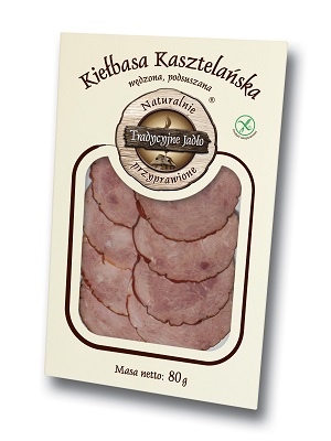 Traditional food smoked sausage Kasztelańska Vacuum slightly dried - patches