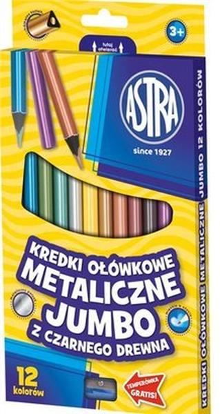 Astra Kredki ołówkowe metaliczne Jumbo z czarnego drewna 12 kolorów z temperówką