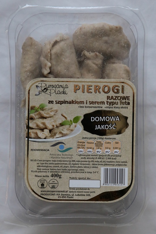 Pierogarnia Piaski Pierogi razowe ze szpinakiem i serem typu feta wyrób ręczny