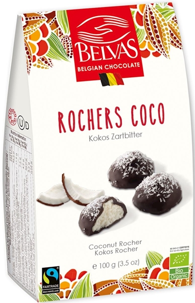 Belvas Belgijskie czekoladki z  nadzieniem kokosowym, fair trade bezglutenowe BIO