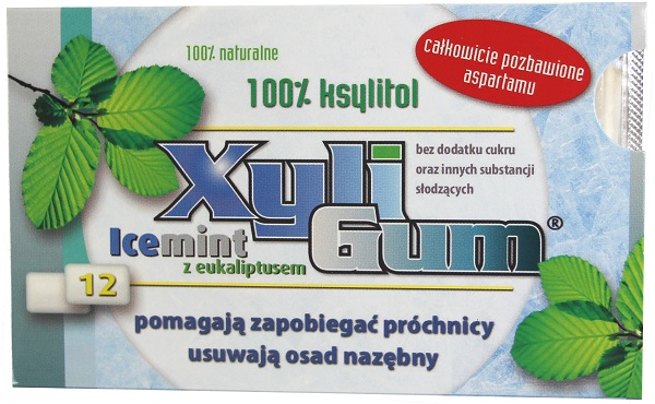Xyligum chewing gum flavored with a mild mint and eucalyptus 100% xylitol