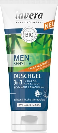 Lavera Men Sensitiv Shampoo Hair & Body 3 in 1 mit Extrakten aus biobambusa und bioguarany