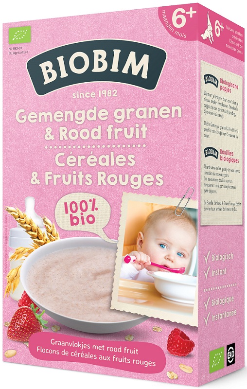 Biobim Ecological multigrain porridge with raspberries and strawberries, milk-free
