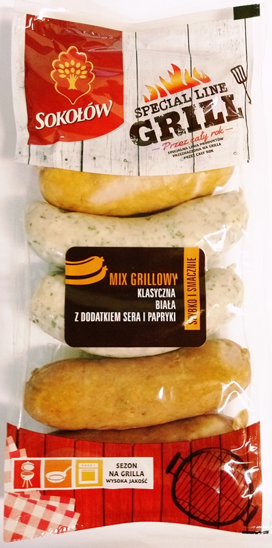 Sokołów Grill Mix grillowy kiełbasa klasyczna, biała, z dodatkiem sera i papryki