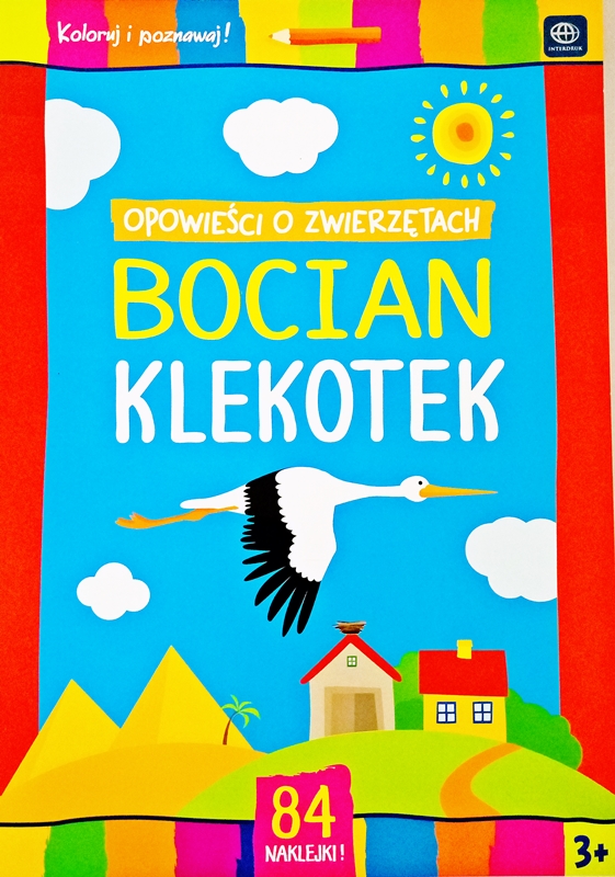 libro para colorear con pegatinas Interdruk "Las historias sobre animales" cigüeña Klekotek
