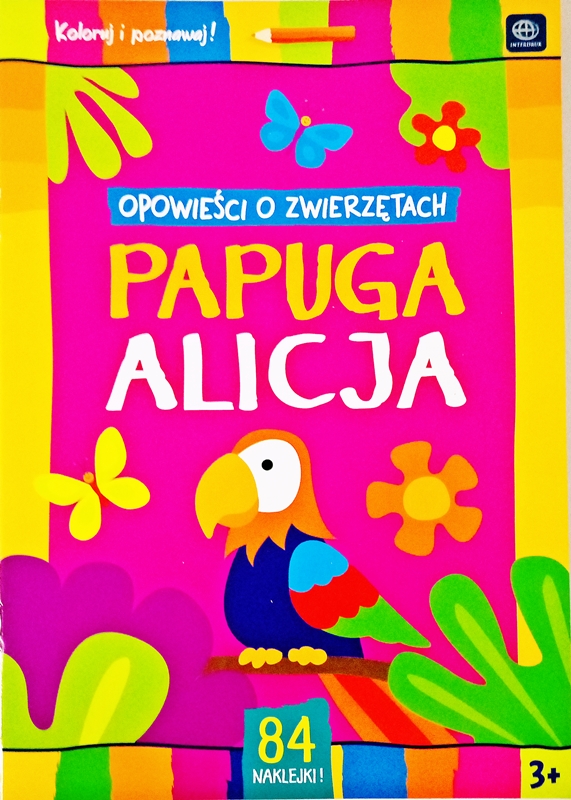 libro para colorear con pegatinas Interdruk "Las historias sobre animales" loro Alice