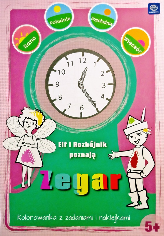 Interdruk Färbung mit den Aufgaben und Aufkleber "Elf und der Räuber wissen um die Uhr"
