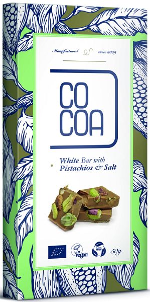 Cocoa czekolada biała z pistacjami i solą BIO