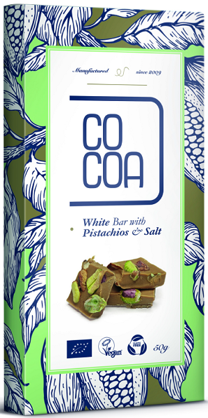Cocoa Czekolada biała z pistacjami i solą BIO