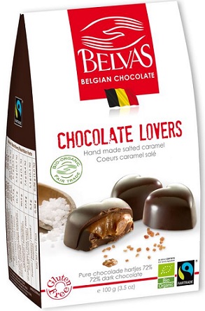 Belvas Belgijskie czekoladki serca z karmelem i solą morską bezglutenowe Fair Trade BIO