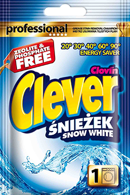 telas blancas bolsita de detergente en polvo Clovin Clever Sniezek
