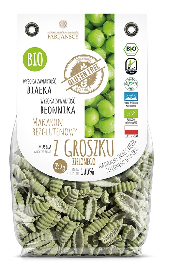 Fabijańscy Makaron z zielonego  groszku muszla gnocchi sardi bezglutenowy BIO