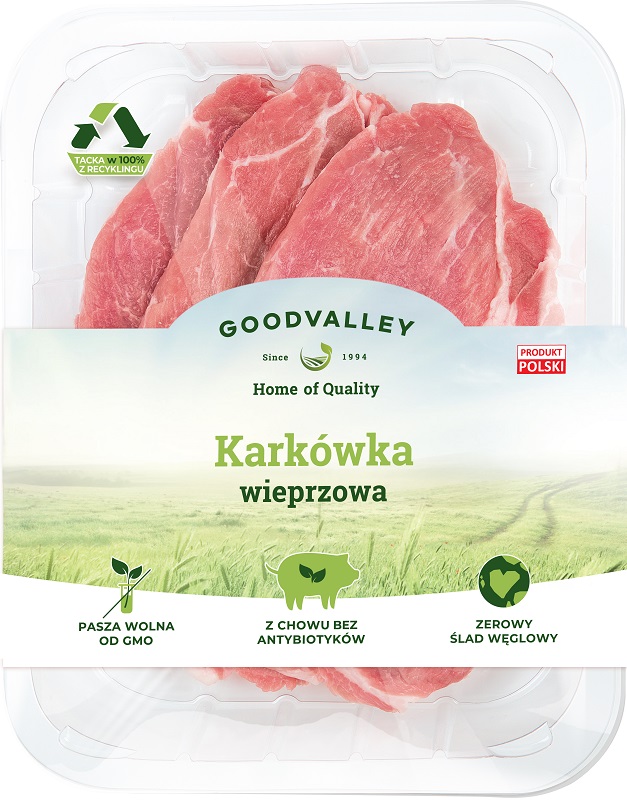Goodvalley Karkówka wieprzowa w plastrach z hodowli bez użycia antybiotyków i bez GMO.