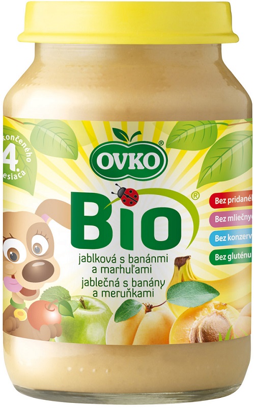 Ovko. Postre ecológico, manzana, plátano, albaricoque. BIO