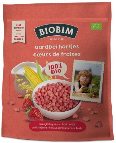Knuspriges Getreide des umweltfreundlichen Frühstücks Biobim mit Erdbeere