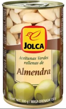 Aceitunas verdes de jolca rellenas de almendra.