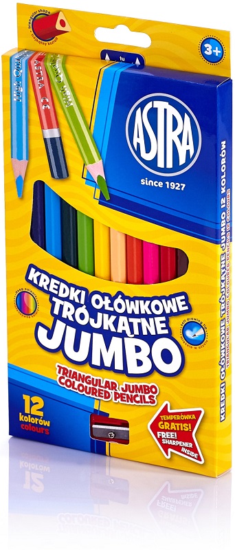 Astra Kredki ołówkowe trójkątne   Jumbo 12 kolorów z temperówką