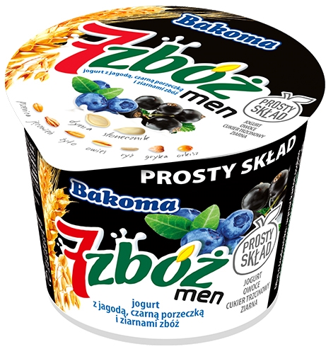 Bakoma 7 zbóż men jogurt z jagodą,czarną porzeczką oraz ze zbożami, ziarnami słonecznika i dyni
