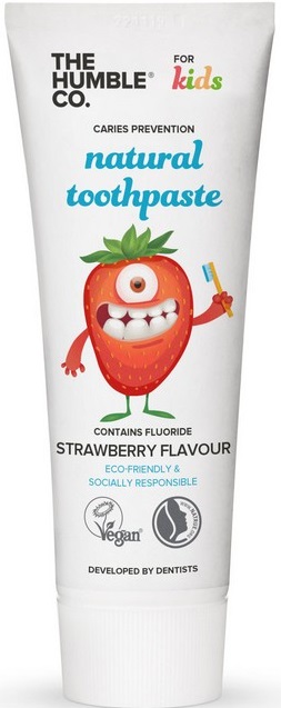 Crema dental Humble Brush de fresa para niños con fluoruro.