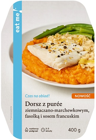 DORSZ Z PUREE ZIEMNIACZANO - MARCHEWKOWYM FASOLKĄ I SOSEM FRANCUSKIM