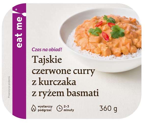 Essen Sie mich thailändisches rotes Curry mit Huhn und Basmatireis