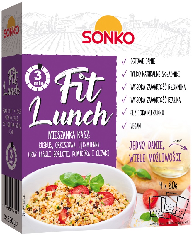 Sonko Fit Lunch Mischung aus Couscous, Dinkel, Gerste und Borlottibohnen, Tomaten und Oliven 4x80g