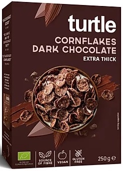 Copos de maíz de tortuga recubiertos de chocolate amargo. BIO sin gluten