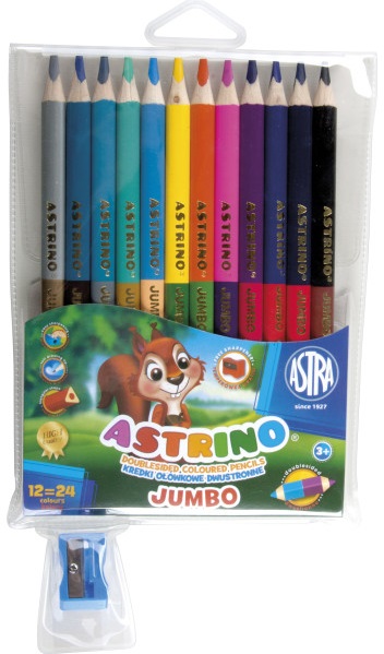 Astra Kredki ołówkowe Astrino trójkątne Jumbo dwustronne 12 sztuk=24 kolory z temperówką