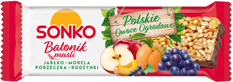 Barras de Sonko Muesli Frutas de jardín polacas manzana, albaricoque, grosella, pasas
