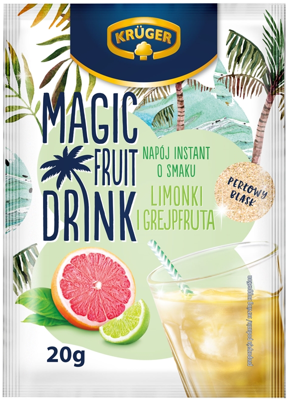 Krüger Magic Fruit Drink es una bebida instantánea con sabor a lima y pomelo