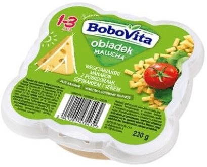 Bobovita Kleinkindmittagessen - vegetarische Pasta mit Tomaten, Spinat und Käse