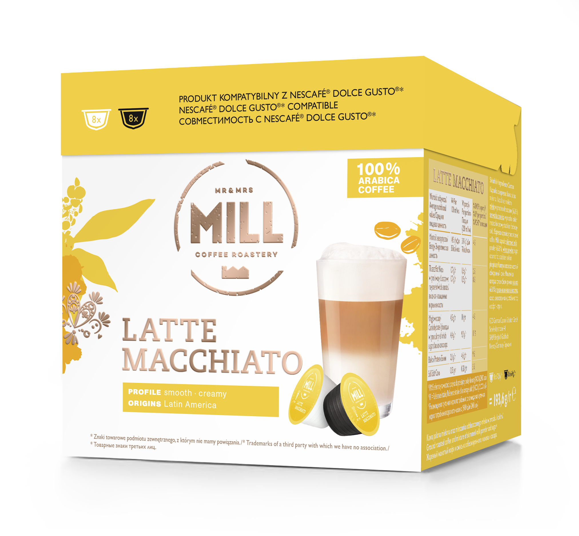 Cápsulas de café Mr&Mrs Mill Latte Macchiato, compatibles con Dolce Gusto
