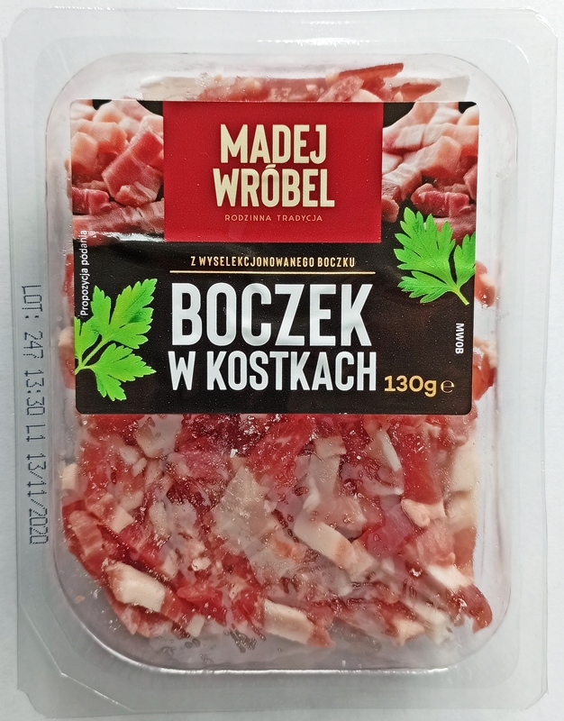 Madej Wróbel boczek w kostkach wieprzowy, surowy wędzony