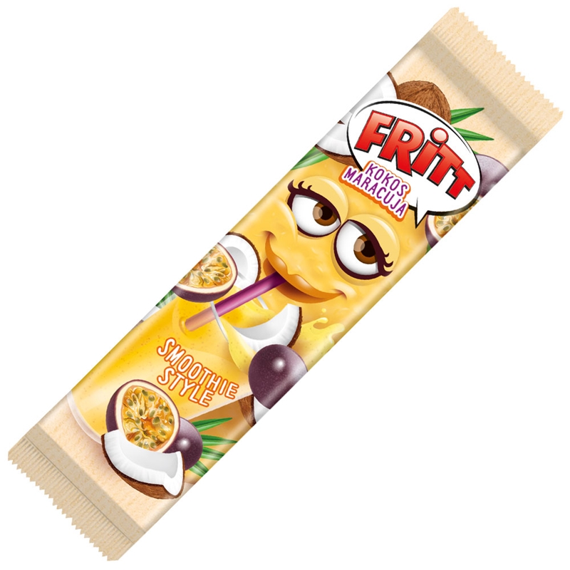 Fritt soluble candy with a passion fruit flavor, coconut flakes