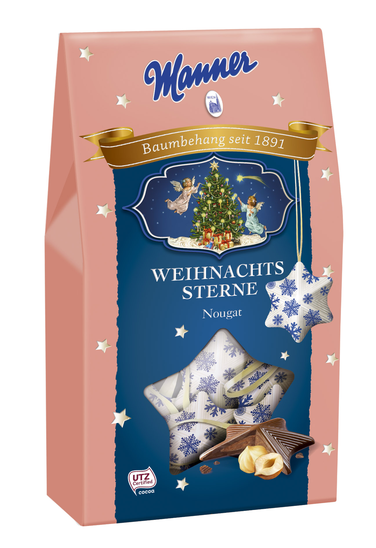 Manner Christmas stars with a string milk chocolate filled with nougat cream (31%)