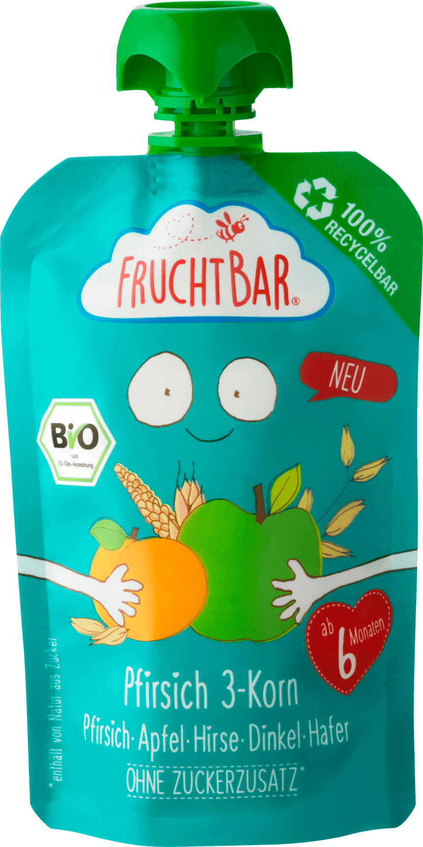 Fruchtbar Mus owocowy 3 zboża brzoskwinia, jabłko, proso, orkisz, owies